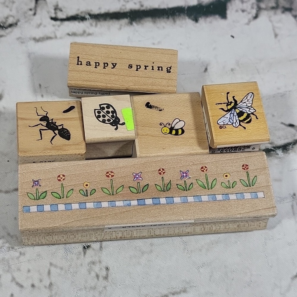 Rubber Stamps Happy Spring Lot Of 6 Flowers Words‎ Bugs Insects Gardening Crafts